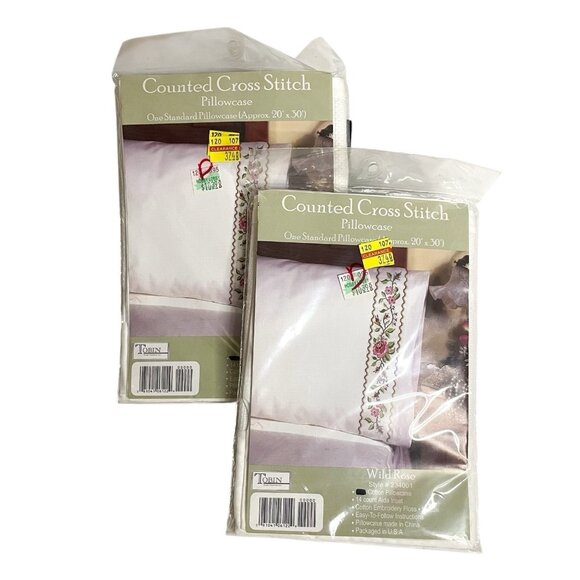 2 Counted Cross Stitch Pillowcase Tobin Wild Rose Standard 20" X 30" #234001 - Picture 1 of 2